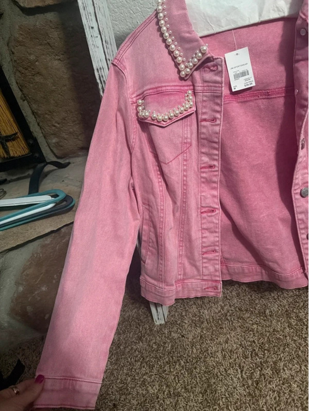 Pink Jean Jacket with Pearl Accents